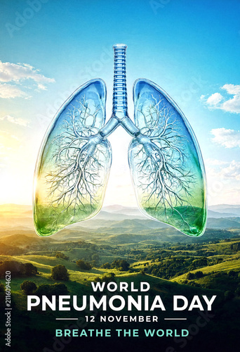 World pneumonia day awareness poster with lungs and beautiful landscape inside them for health campaign