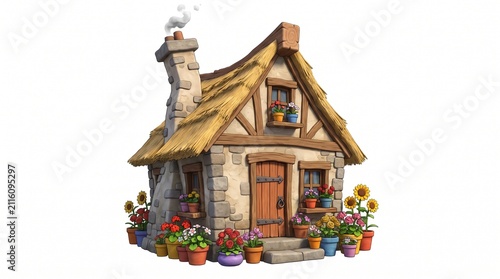 3d cartoon charming rustic stone cottage with a thatched roof, chimney with smoke, and vibrant flower pots, isolated on white background