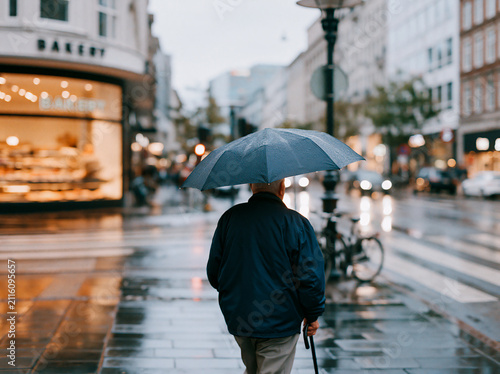 Rear view of person with umbrella crossing a rainy shopping street with warm bakery lights, moody urban autumn atmosphere in the Netherlands.