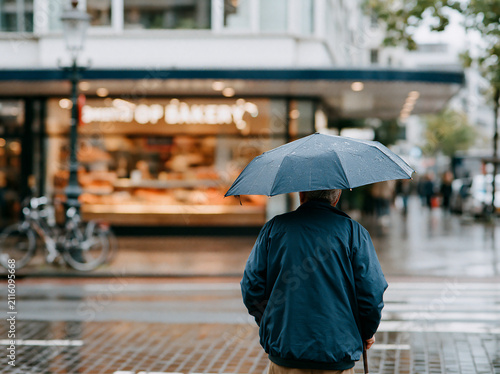 Rear view of person with umbrella crossing a rainy shopping street with warm bakery lights, moody urban autumn atmosphere in the Netherlands.