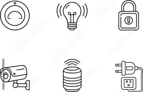 Smart home device security camera, light bulb, lock, speaker, and power plug