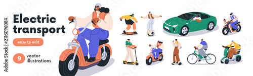 Electric transport, eco-friendly green vehicles set. People ride, drive car, scooter, bicycle, bike, hoverboard. Modern transportation. Flat graphic vector illustrations isolated on white background