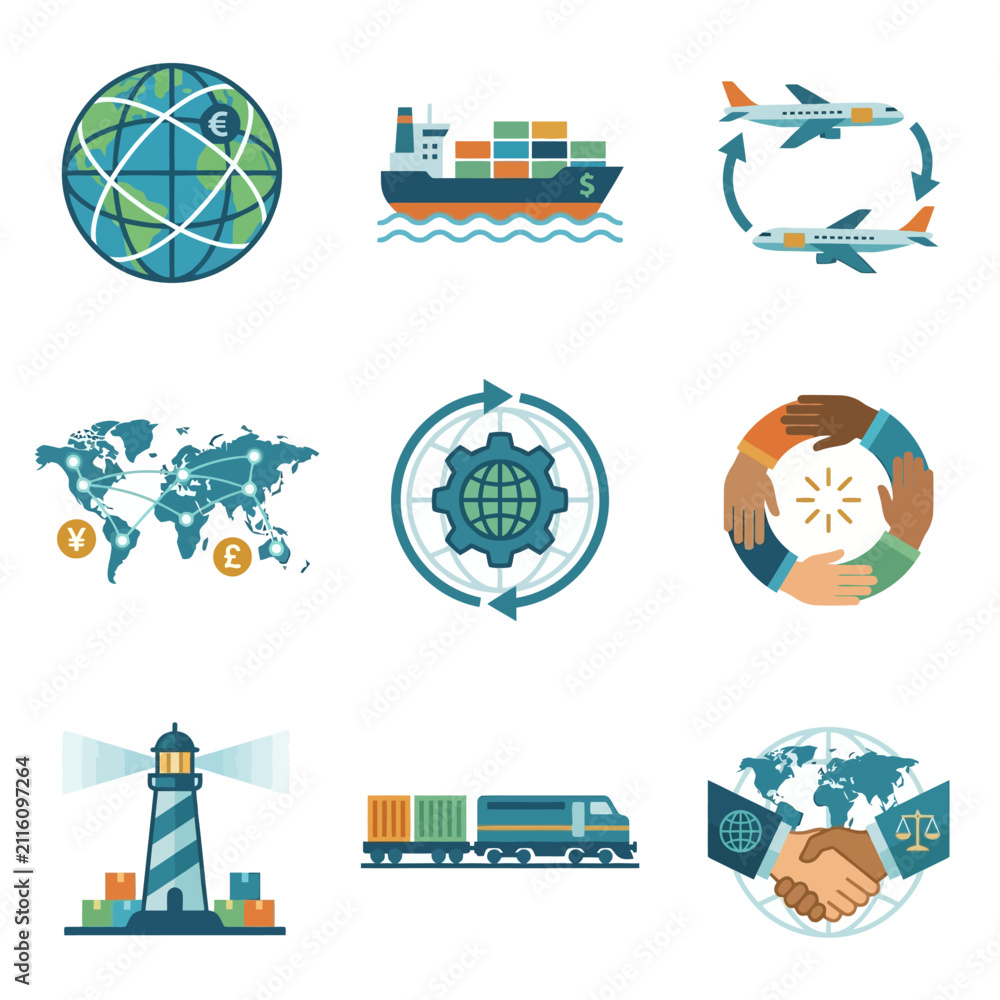 Obraz premium Logistics and global transport icons set vector illustration, shipping and trade symbols