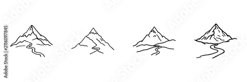 Mountain Landscape Hand Drawn Doodle Icon Set. Peak, Ridge, Trail And Hiking Scene Sketch Symbol Collection. Outdoor Nature And Travel. Isolated Vector Illustration
