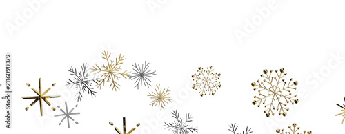 Beautiful winter holiday decoration with scattered golden and silver snowflakes for festive celebrat