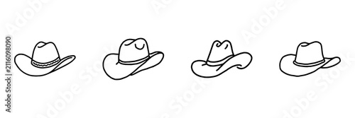 Cowboy Hat Hand Drawn Doodle Icon Set. Western Wear, Rodeo, Ranch And Country Style Sketch Symbol Collection. Fashion And Outdoor Lifestyle. Isolated Vector Illustration