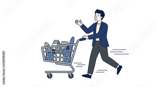 Принти на полотні Man pushing shopping cart with groceries, illustration