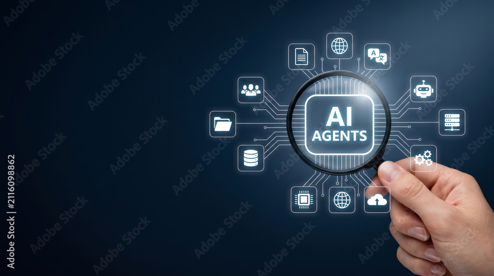 Fototapeta premium Ai agentic workflow business automation technology hand magnifier interface agentic. artificial intelligence technology innovation. automation system process analysis, agent assistant management