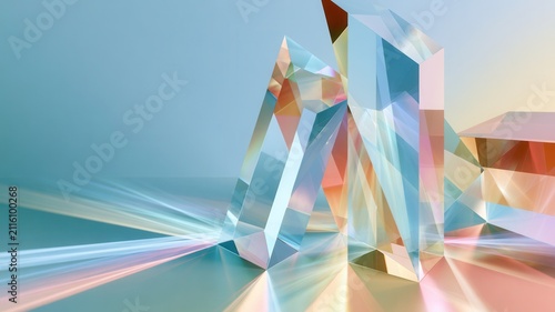 Glass cube prism creating vibrant rainbow light reflections and refractions on surface a smooth bright