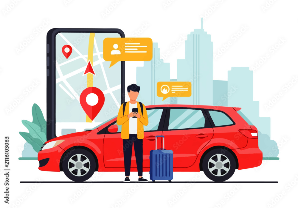 Fototapeta premium Man using flat desaign navigation app on smartphone to find ride with red car and suitcase in city
