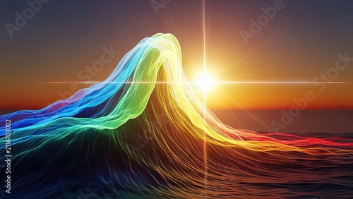 Abstract glowing rainbow wave with vibrant light flare.