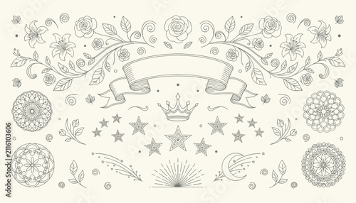 Elegant line art collection of magical fairytale design elements featuring a crown, stars, and roses on beige.