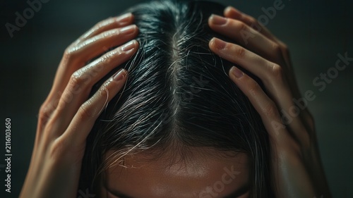Woman's hands touching her hair and scalp revealing gray roots highlighting natural aging concern and hair care