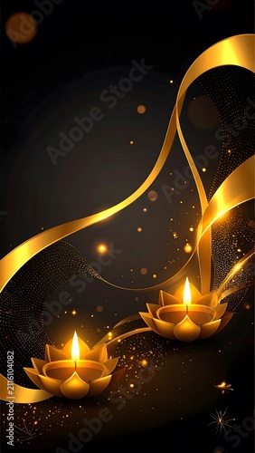 Diwali: Golden diya lamps with flowing ribbons and shimmering particles against a dark backdrop, evoking a sense of festivity and spiritual illumination.