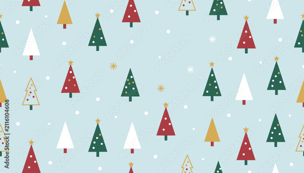 Obraz premium Cute seamless pattern of green, red, and golden Christmas trees with falling snowflakes on light blue.