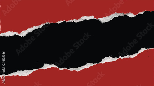 Foto Torn red paper frame reveal on black background with ragged edges