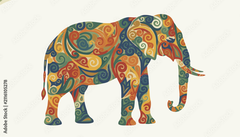 Obraz premium Ornate silhouette of a majestic elephant filled with intricate colorful ornamental swirls on a light cream background.
