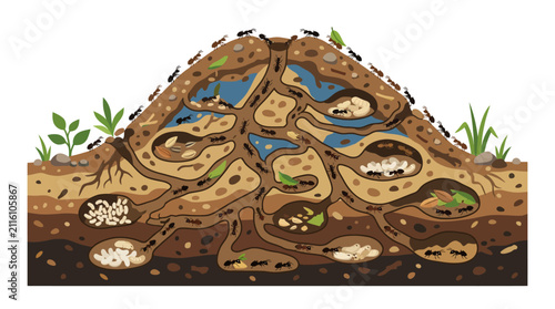 Ant colony underground structure and activity illustration