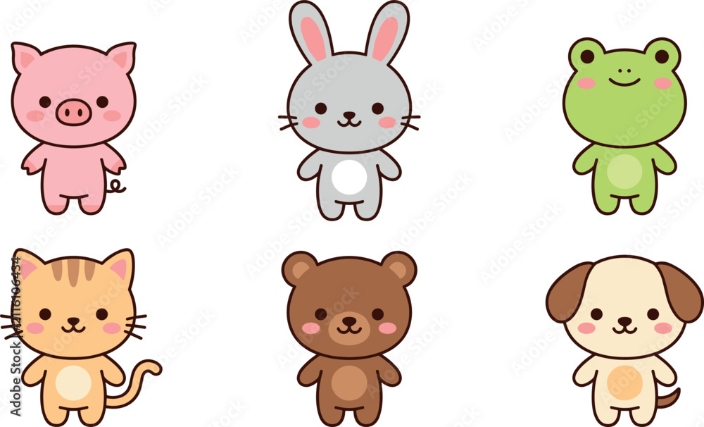 Fototapeta premium Cute Kawaii Standing Baby Animal Cartoon Character Vector Clipart Set with Pink Pig, Grey Rabbit, Green Frog, Ginger Cat, Brown Bear, and Cream Puppy Dog
