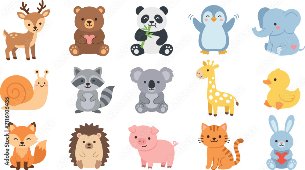 Fototapeta premium Cute Baby Animals Flat Vector Cartoon Clipart Set with Deer, Bear, Panda, Penguin, Elephant, Snail, Raccoon, Koala, Giraffe, Duckling, Fox, Hedgehog, Pig, Cat, and Rabbit