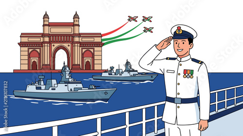 Foto Indian Navy Officer Salutes Gateway of India Monument