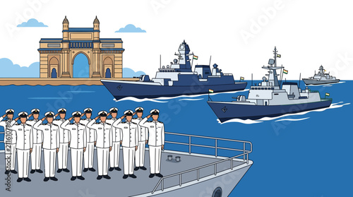 Fotografía Indian Navy Ships and Gateway of India illustration