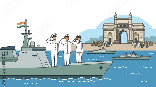 Foto Indian Navy ships salute Gateway of India, Mumbai