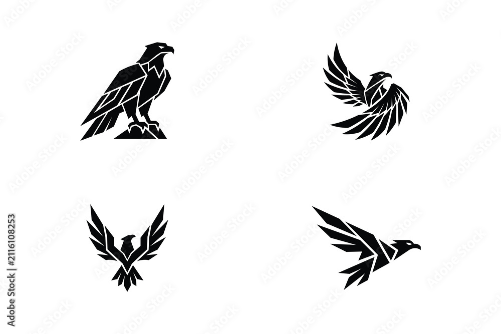 Fototapeta premium Set of 4 minimalist geometric eagle and hawk logo silhouettes for modern corporate branding and animal identity design