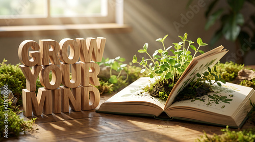 Inspiring Wooden Block Typography Reading Grow Your Mind With Lush Green Sprouts Emerging From Open Hardcover Book