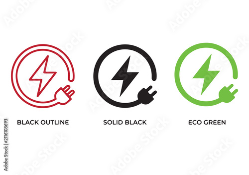 Electric car charging icon set, EV station, plug, socket, hybrid car, green electric vehicle with plug symbol on white background, clean modern stock vector illustration.