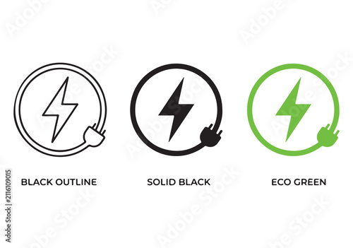 Electric car charging icon set, EV station, plug, socket, hybrid car, green electric vehicle with plug symbol on white background, clean modern stock vector illustration.