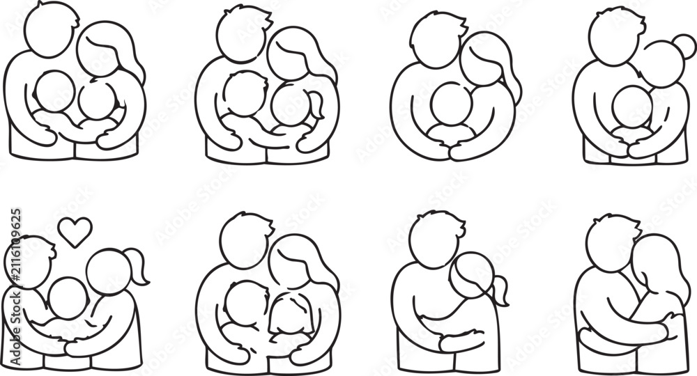Fototapeta premium Mother and Baby Line Outline Icon Set with Parenting and Family Care, parenting icons