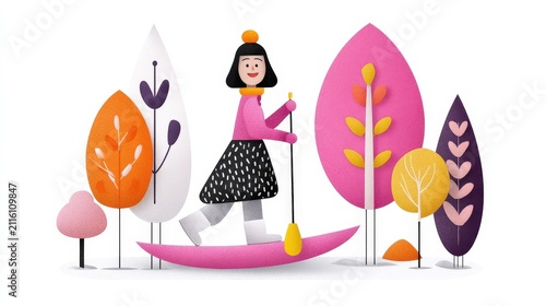 Playful girl riding a pink umbrella through colorful stylized trees in whimsical illustration