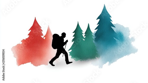 Silhouette of a Backpacker Hiker Trekking in a Forest of Coniferous Trees