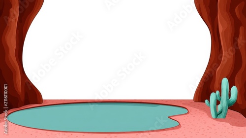 Cartoon Desert Scene with Green Cactus and Pool of Water Between Two Large Trees
