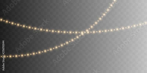 Warm decorative lights shimmer with glowing golden bulbs and delicate light trails. Fine illumination creates an inviting Christmas atmosphere. Perfect for transparent vector.