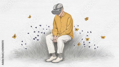 Young Man Wearing Virtual Reality Headset Sitting on Grass with Butterflies and Flowers