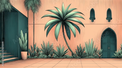 Modern exterior scene with tropical plants, architectural wall, staircase and door