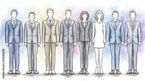 Diverse Group of Business Professionals Standing in a Line, Formal Attire, Business Meeting, Teamwork, Collaboration, Corporate Event