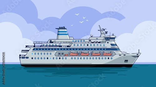 Foto Illustrated modern passenger ship sailing on blue ocean under cloudy sky