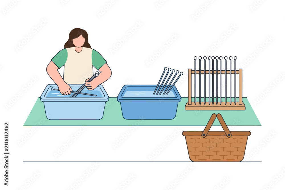 Fototapeta premium Woman washing knitting needles with storage bins and basket.