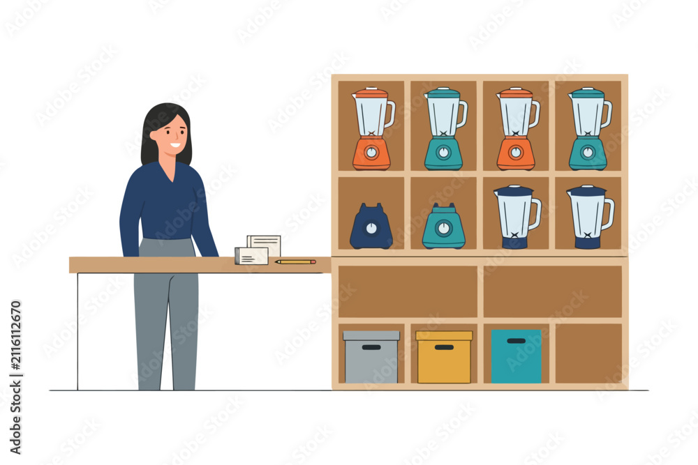 Fototapeta premium Asian female shopkeeper in appliance store with colorful blenders on shelves.