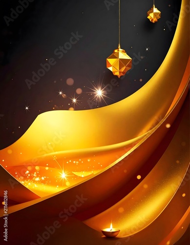 Diwali: A warm and inviting golden wave flows across a dark backdrop, adorned with shimmering lights and decorative lanterns, evoking a sense of elegance and festivity.