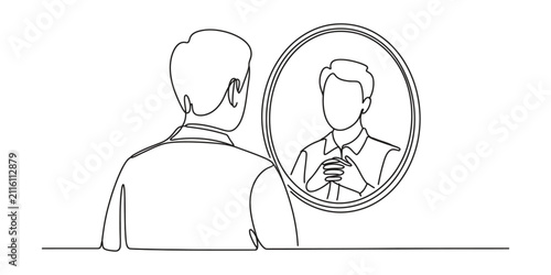 Man looking at his reflection in a round mirror continuous line drawing