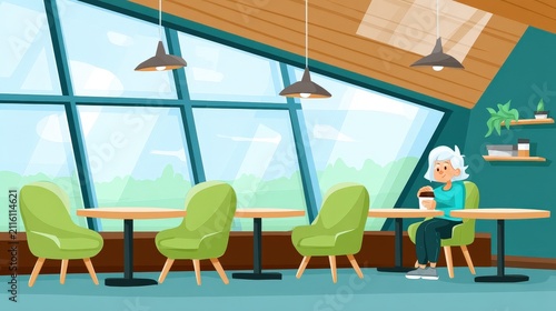 Cozy cafe interior with large sloped windows, green chairs, and a seated elderly woman enjoying coffee