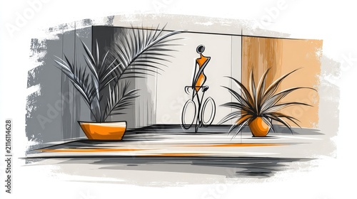 Modern interior with decorative plants and abstract sculpture in minimalist setting