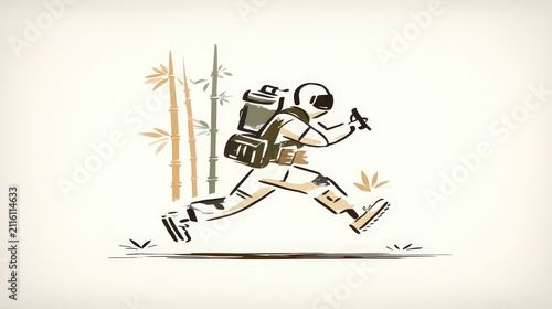Adventurous Hiker with Backpack and Headphones Walking Amid Bamboo Forest