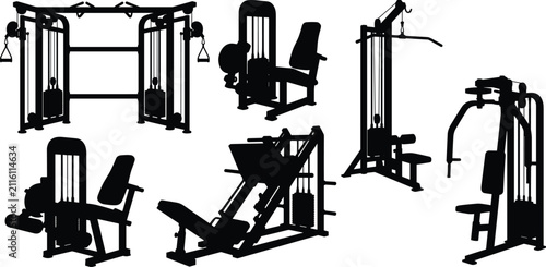 Foto Gym weight training machines vector silhouette set