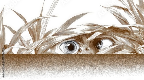 Child hiding behind grass with curious eyes peering over ground close up