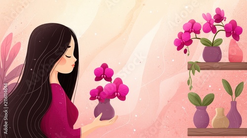 Woman with long black hair holding pink orchid flower in artful floral setting